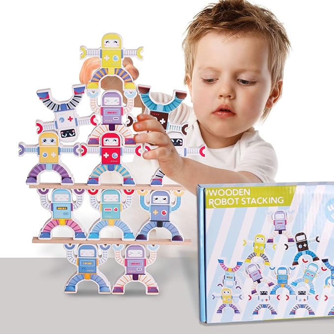 Wooden Robots Stacking Balancing Block Puzzle Game Building Toy Educational STEM Montessori for Preschool Kids Toddlers Sorting Skill Developing Intelligence Play Kits