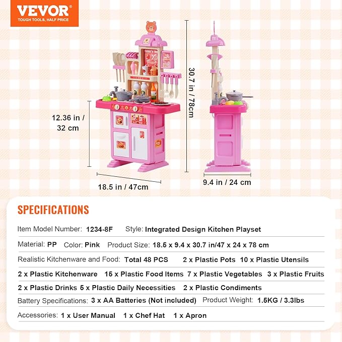 VEVOR Kids Kitchen Playset, Toddler Kitchen with Cooking Stove with Steam, Sounds and Lights, Play Kitchen Set with 48 PCS Cooking Accessory Set for Toddlers, Preschoolers, Children Ages 3-5, Pink
