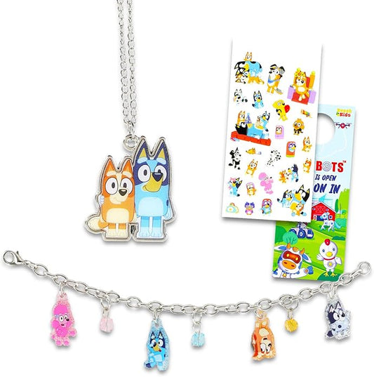 Bluey Jewelry Set for Girls - Bluey Dress Up Accessories Bundle with Necklace, Charm Bracelet, Stickers, and More | Bluey Necklace and Bracelet Set for Kids