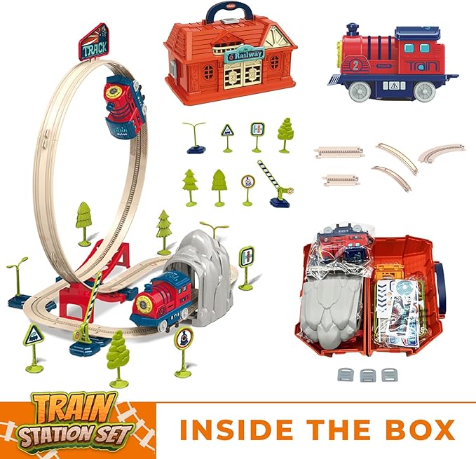 Electric Train Set for Toddlers 2-4 Kids Ages 3-5 - Railway Station with Loop, Bridge & Signs - DIY Montessori Educational Fun Trains Toy for Boys Girls Birthday Gift Train Set