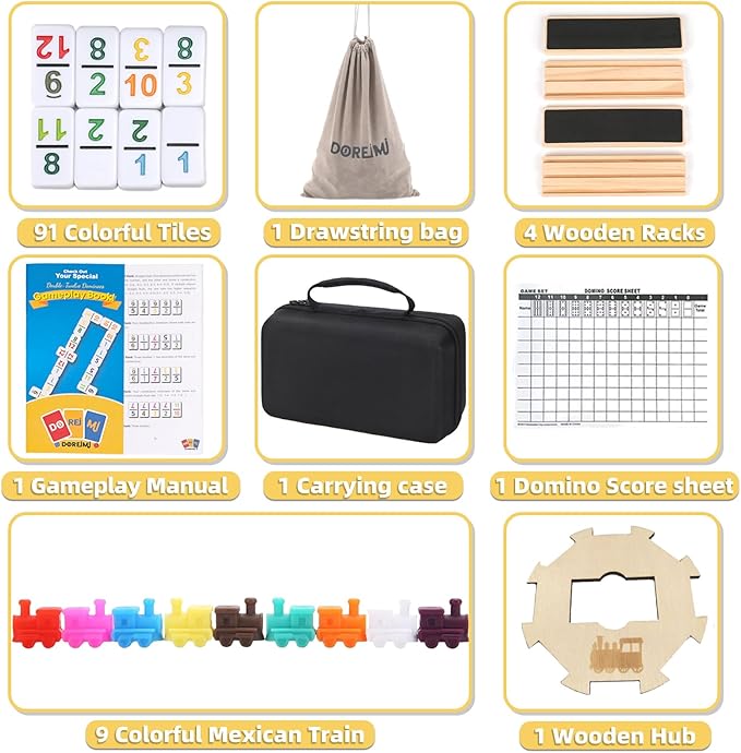 Mexican Train Dominoes Set with Numbers and 4 Wooden Racks,Double 12 Dominos Set for Kids, Adults with 91 Colored Tiles and Upgrated Hub, Classic Board Games for Family Night