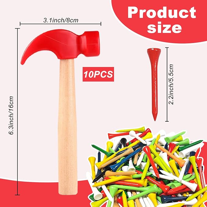 10 Pcs Kids Wooden Hammer Toy with 100 Pcs Colorful Wood Golf Tees, Small Plastic Hammer Simulation Hammers Educational Toys for Children Gift Birthday Party (Red)