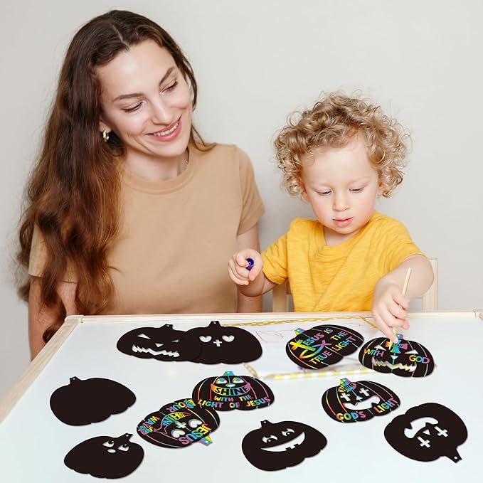 B1ykin Fall Religious Pumpkin Scratch Card - DIY Autumn Magic Scratch Cards Craft Kit for Kids, Christian Black Bible Hanging Tags Party Favors for Thanksgiving Sunday School Classroom Art Activity