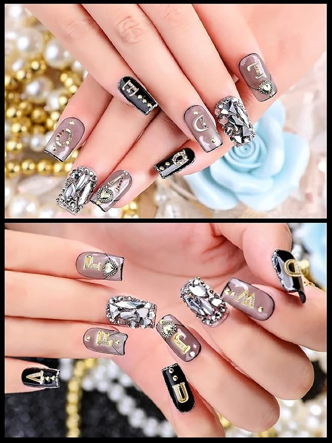 156Pcs Rhinetone Letters Nail Studs, Kalolary Gold Silver 3D Capital Rhinetone Nail Letter English Alphabet Stud Charm DIY Manicure Nails Jewelry Making Crafts Decoration for Women Girls
