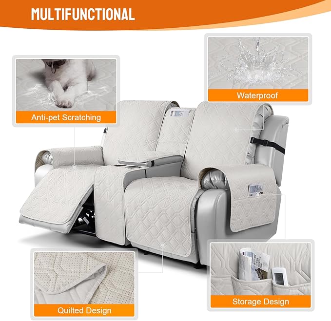 VANSOFY Loveseat Recliner Cover with Console 100% Waterproof Sofa Slipcovers Non-Slip Reclining Couch Cover Split Sofa Covers Furniture Protector for Pets, Dogs(Off White)