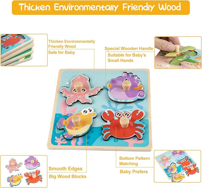Wooden Toddler Puzzles, Funsland Peg Puzzles Gifts Toys, 4 Pcs Eco Friendly Animal Patterns Jigsaw with Handles, Infant Kid Fine Motor Skill Learning Educational Montessori Puzzles for 1 2 3 Years Old
