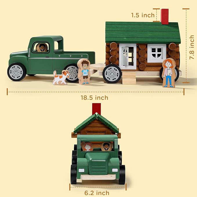 SainSmart Jr. Wooden Truck Building Playset for Kids, Vintage Camper RV Compatible with Lincoln Logs, STEM Educational Toy, Perfect Retro Gift for Ages 3+