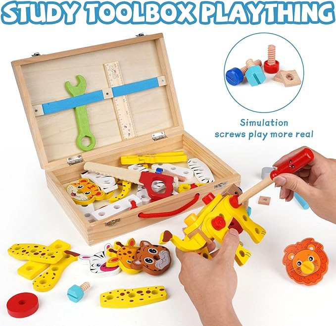 Wooden Kids Tool Set, Toddler Tool Kit with Wooden Toolbox,Construction Set for Kids,Educational DIY Construction STEM Toy, Animal Building Blocks Assembly, Preschool Learning Gift for Boys and Girls