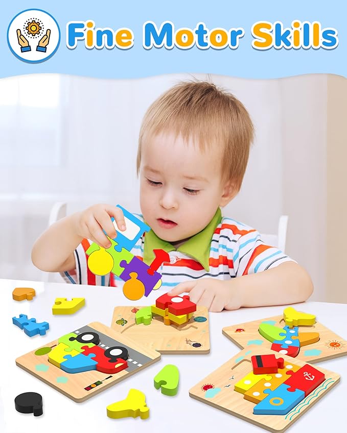 Yetonamr Wooden Toddler Puzzles Gifts Toys for 1 2 3 Years Old Boys Girls, 4 Vehicle Shape Montessori Toys Educational Blocks Kids Toys Gift Baby Learning Toy Age 1-3, 2-4