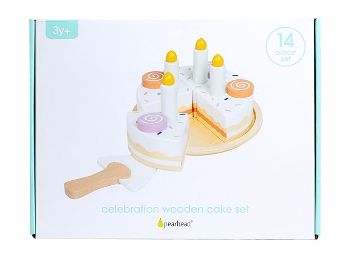 Pearhead Celebration Montessori Birthday Cake Toy Set, Wooden Play Toys for Developmental Learning, Play Kitchen Sets for Toddlers Ages 3+ Years, Pretend Play Food Sets, 14 Piece Wooden Play Toy Set