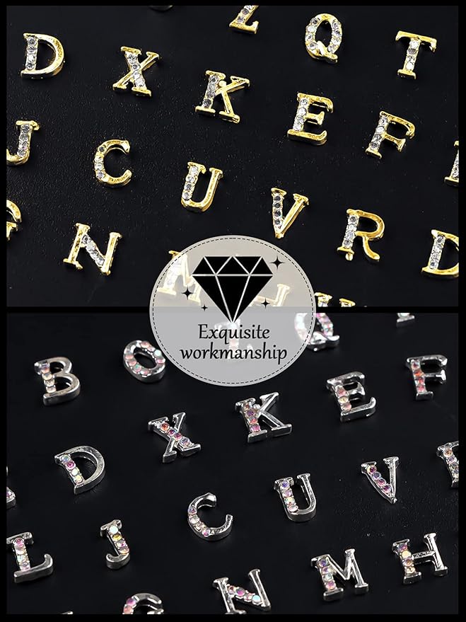 156Pcs Rhinetone Letters Nail Studs, Kalolary Gold Silver 3D Capital Rhinetone Nail Letter English Alphabet Stud Charm DIY Manicure Nails Jewelry Making Crafts Decoration for Women Girls