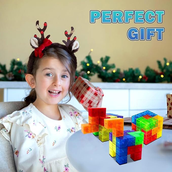 Magnetic Building Blocks, STEM Magic Magnetic 3D Puzzle Cubes, 7 Pcs Preschool Multi Shapes Magnetic Toys with 54 Cards, Montessori Sensory Autism Building Toys for Kids