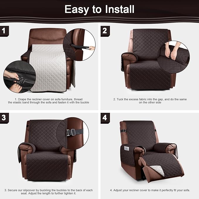 KinCam 100% Waterproof Recliner Chair Cover, Reclining Couch Covers for Pets, Dogs, Recliner Couch Slipcover Furniture Protector with Elastic Straps for Kids(28", Chocolate)
