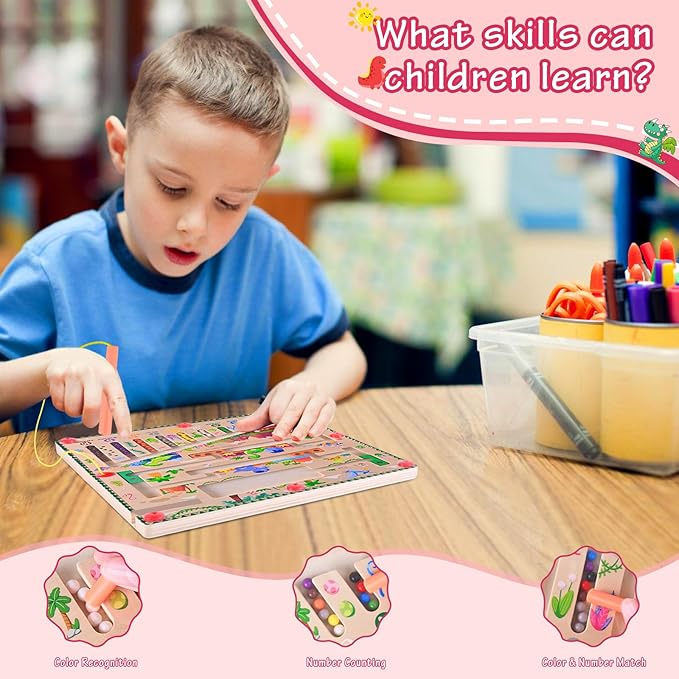 Magnetic Color and Number Maze, Montessori Toys for 3+ Year Old, Wooden Puzzle Board, Educational Matching Toy for Boys and Girls