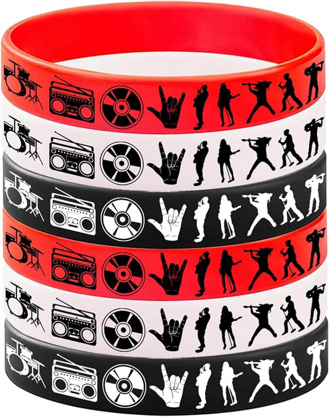 CupaPlay 48PCS Rock and Roll Rubber Bracelets Party Favors -Rock and Roll Theme Party Supplies Decorations -80s 90s Party Music/Musical Birthday Baby Shower Silicone Wristbands Party favors