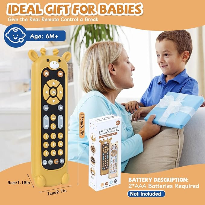 Orzbow Baby Remote Control Toy for 6 Month+ with Silicone Teether Cover, TV Remote Toy with Realistic Light and Sound - English, French and Spanish for Infant Play Remote Musical Toys, BPA Free, Black