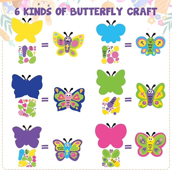 WATINC 74pcs Religious Easter Butterfly Craft Kit for kids, New Life in Jesus Craft Decoration, Resurrection Spring Butterflies DIY Sticker Hanging Ornaments with String for Home School Party Supplies
