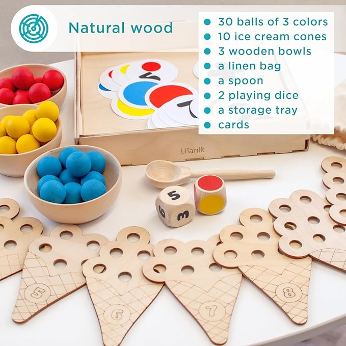 Ulanik Sweet Counting Toddler Montessori Toys for 3 Year Old + Kids Wooden Matching Game for Learning Color Sorting and Counting — 30 Balls, 0.98 in