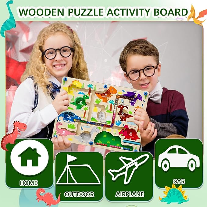 JRD&BS WINL Magnetic Color and Number Maze - Montessori Toys for 3-6Year Old Boys Girls, Wooden Magnet Puzzle Game Board for Toddlers (Dinosaur)