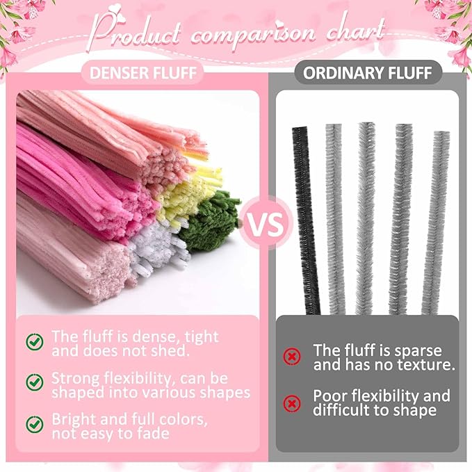 Peryiter 500 Pieces Pipe Cleaners Chenille Stems 12 Inch Craft Supplies Bulk for DIY Art and Craft Projects Creative Gift Wrapping Party Decorations(Pink Flower,12 Inch)