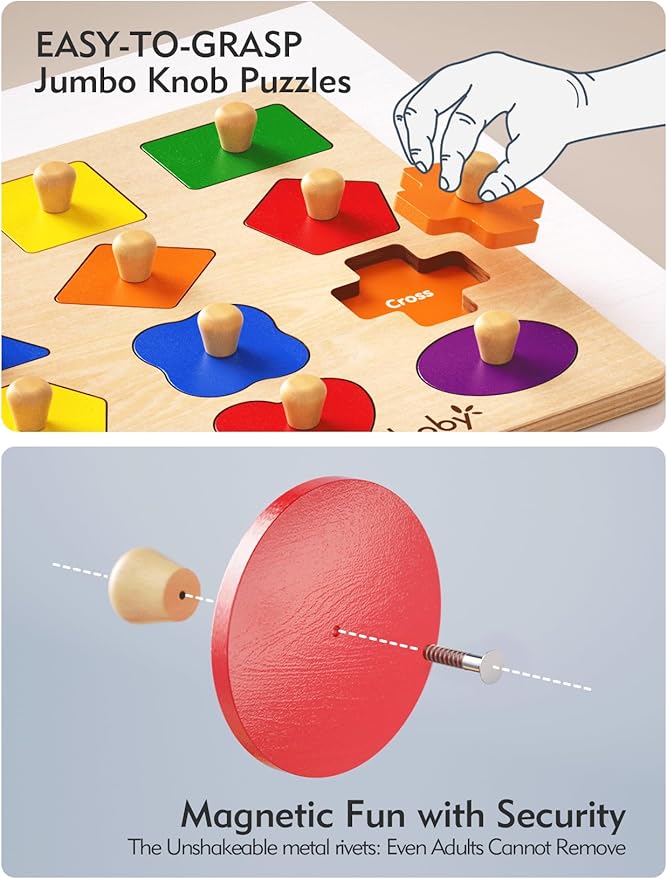 Boby Montessori Puzzles for Babies 8-12-18-24 Months, Wooden Jumbo Knob Peg Puzzle Shape Sorter for Toddlers 1-3 Year Old, Early Learning Sensorial Toys (Montessori Shapes Puzzle(16 Pieces))