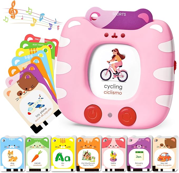 Bilingual Spanish & English Talking Flash Cards for Toddlers 1-5, 454 Words+6 Songs, Clear Voice & Thick Cards & Easy to Slide in and Out, Independent Play & Speech Development Toys