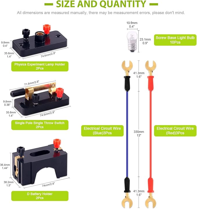 Keadic 20Pcs Physics Electronic Science Experiment Kit Includes Single Pole Single Throw Switches, Circuit Wire, D Battery Holder, DIY Practice Circuit Experiment Parallel Series Circuit for School