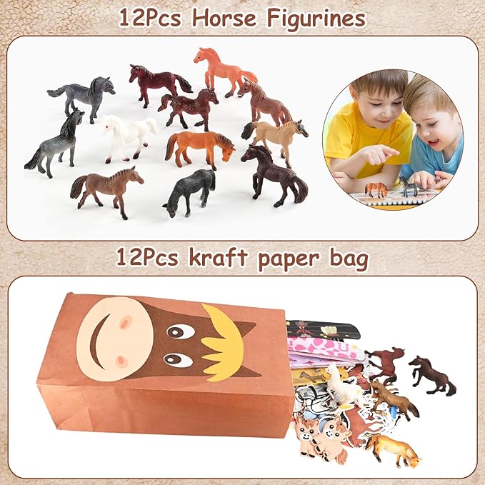 110-Piece Horse-Themed Party Favor Set - Includes 12 Horse Figurines, 12 Horse Toy Stickers, 12 Cowboy Slap Bracelets, 50 Horse Stickers, 12 Horse Keychains, and 12 Kraft Paper Bags