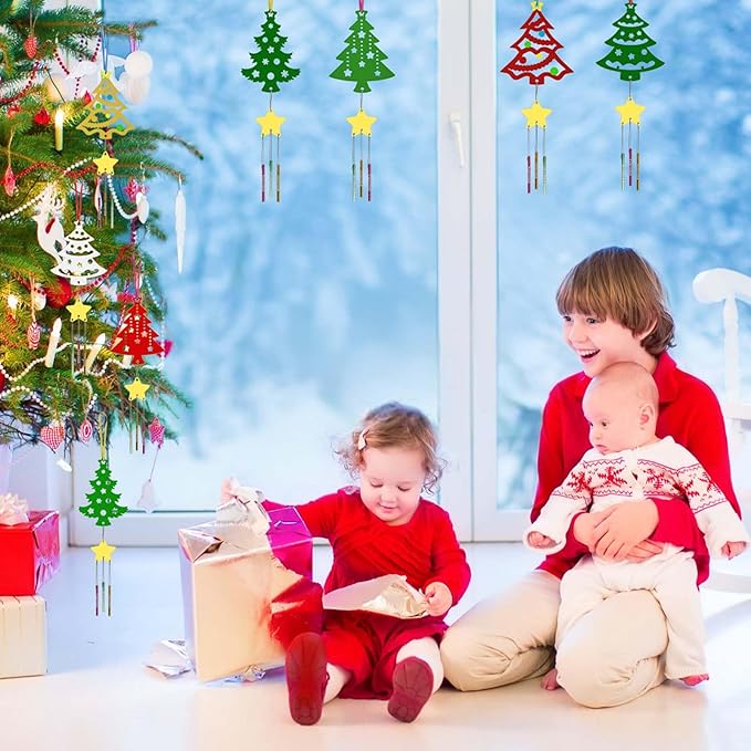 12 Pack Wind Chime Kit for Kids,Christmas Craft Kits DIY Christmas Tree Wind Chime Unfinished Wooden Xmas Tree Ornaments for Boys Girls Activity Art Project Decor