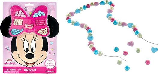 Disney Minnie Mouse Colorful Plastic Jewelry Bead Kit - 64 Beads & 2 Elastic Strings - Perfect DIY Activity for Kids - 1 Set