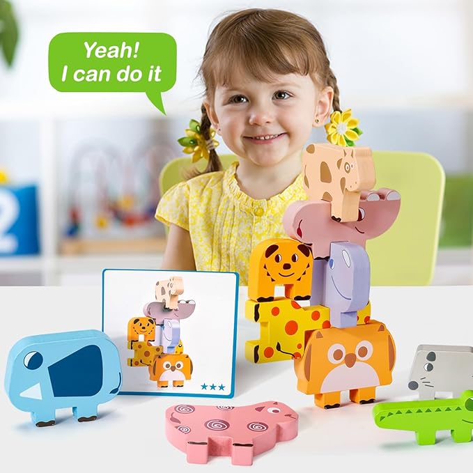 Montessori Toys for 2 3 4 Year Old, 10pcs Wooden Animal Blocks Sorting & Stacking Toys for 2-4 Year Old Toddlers Girl Boy Gifts, Kids Preschool Educational Toys Fine Motor Skills Learning Games