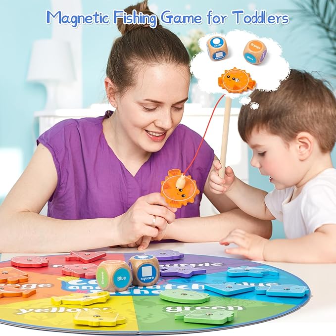 Montessori Toy for Toddlers 1-3, Fine Motor Skill Wooden Magnetic Fishing Game for Year Old Kids, Early Learning Color and Shape Sorter Toys for Ages 2-4 Girls Boys Preschool Educational Gift