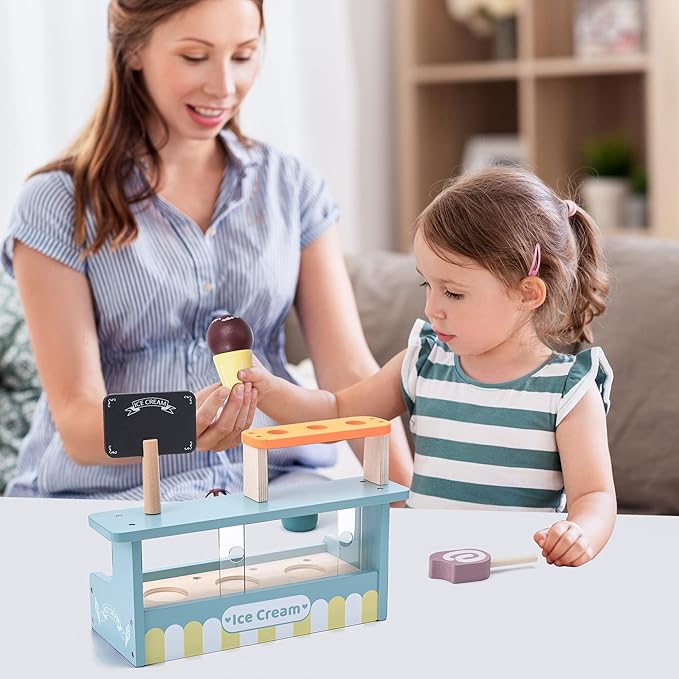Ice Cream Shop Pretend Toy, Wooden Ice Cream Cones and Popsicle Counter Play Set for Kids Play Kitchen, Ice Cream Cart Toys for Toddlers, Fun Creative Ice Cream Pretend Play