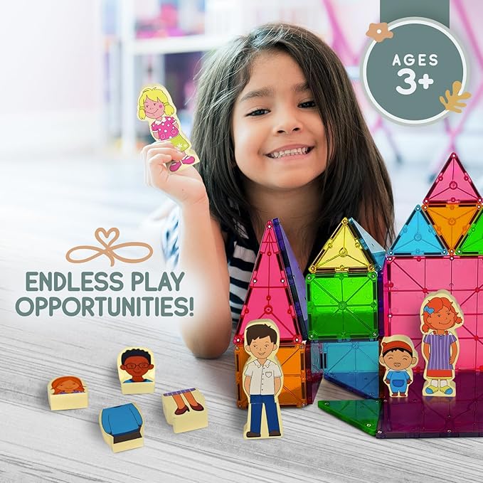 VEBO 22pc Wooden Magnetic Figures Set of 8 (16 Double Sided Characters) Mix & Match Family Set - Compatible with All Magnetic Tiles Sets - Educational STEM Building Toy Pretend Playset for Ages 3+