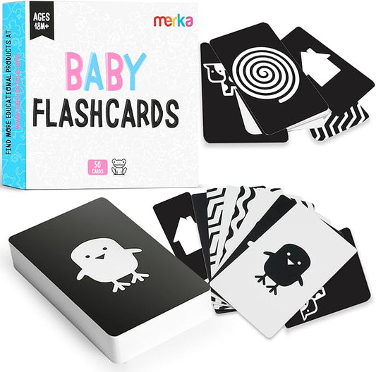 merka Newborn Toys, Black and White Baby Toys, High Contrast Baby Toy for Newborn, Set of 50 Flashcards for Visual Stimulation and Brain/Sensory Development