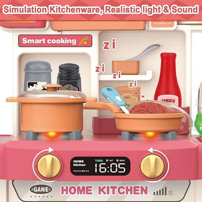 deAO Kids Kitchen Playset 35PCS Play Kitchen Toys Accessories with Sounds Lights,Cooking Stove Steam,Pretend Play for Toddler Aged 3 4 5 6 7 8 Years (Pink)