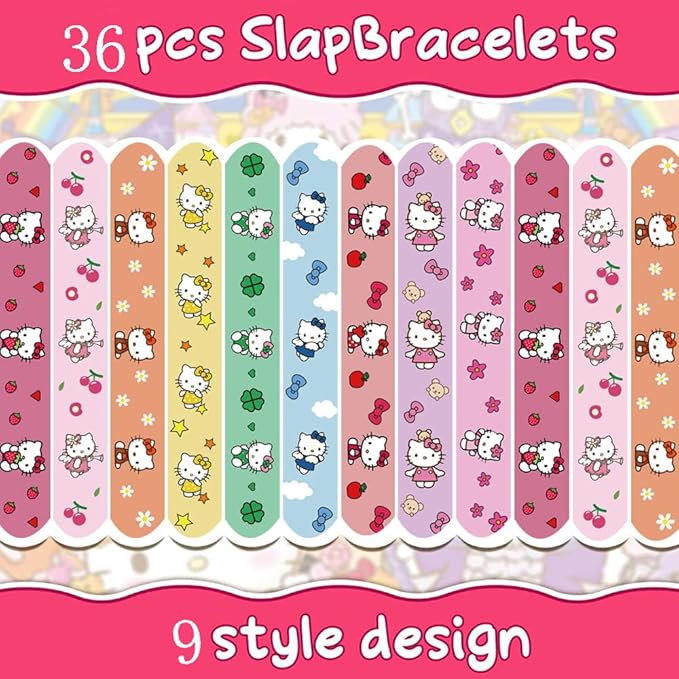 Kitty Party Supplies, Kitty Slap Bracelets, 86PCS Party Favors Contains 36 Slap Bracelets and 50 Stickers, Great Birthday Gift for Boys Girls, Kawaii Goodie Bag Stuffers