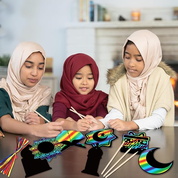 HOWAF 36pcs Ramadan Mubarak Scratch Paper Art Kit, Eid Mubarak Rainbow Scratch Off Cards for Eid Holiday Activity School DIY Drawing Project Supplies, Ramadan Kareem Paper Scratch Pad for Kids