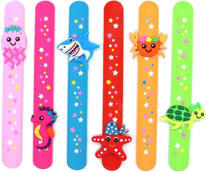 Marine Life Slap Bracelets Party Favors for Kids(6pack)-Jellyfish/Crab/Shark/Starfish/Turtle/Seahorse Goodie Bag Stuffers for Boys&Girls Marine Life Theme Party Supplies Carnival Prizes Suit