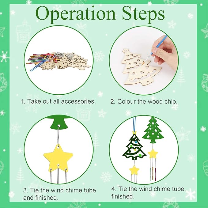 12 Pack Wind Chime Kit for Kids,Christmas Craft Kits DIY Christmas Tree Wind Chime Unfinished Wooden Xmas Tree Ornaments for Boys Girls Activity Art Project Decor