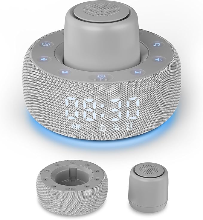 White Noise Machine with Smart Alarm Clock, 25 Soothing Sounds, Portable Sleep Sound Machine Aid for Baby, Kids, Adults, Office, Dimmable Timer, 7 Night Light Colors for Privacy Bedroom, Gray