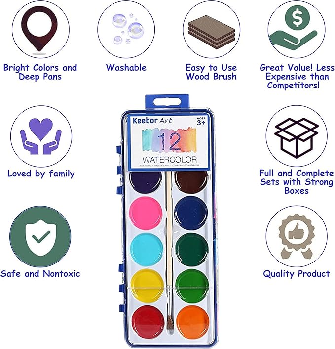 12 Colors Watercolor Paint Set for Kids, 24 Pack Washable Water Colors for Party Favors, Gifts, Classroom Supplies (Wood Brushes Included)