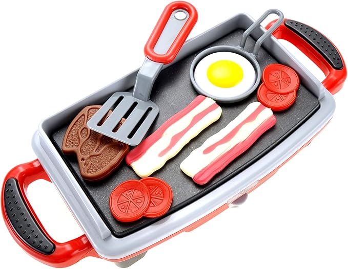 PowerTRC Breakfast Kids Toy Grill Playset for Ages 4-8, Cooking Toys Play Grill Set for Kids, Pretend BBQ Grill with Realistic Sounds Foods Utensils