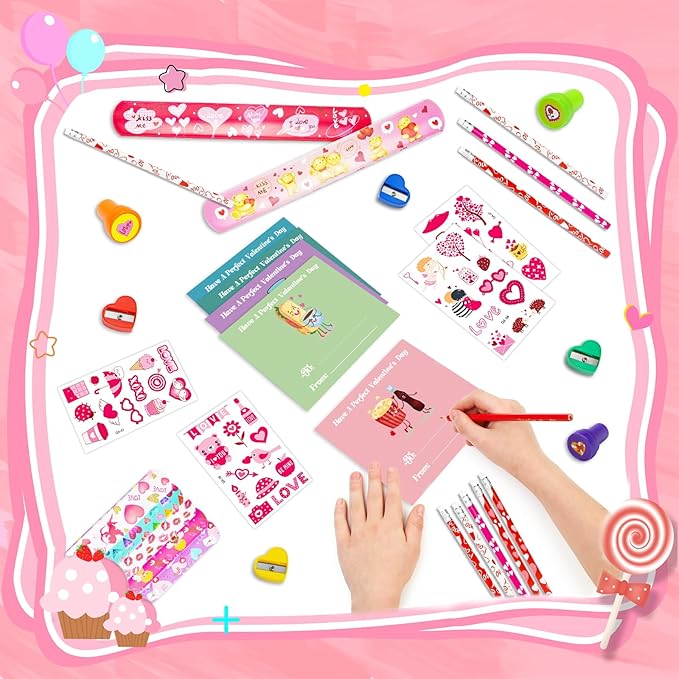 Valentines Day Gifts for Kids, 24 Packs Bulk Stationery Gift for School 192 Pcs Include Cards Pencil Cup Slap Bracelet Eraser Cup Stampers Valentine's Day Classroom Exchange Gifts Party Favors Toys