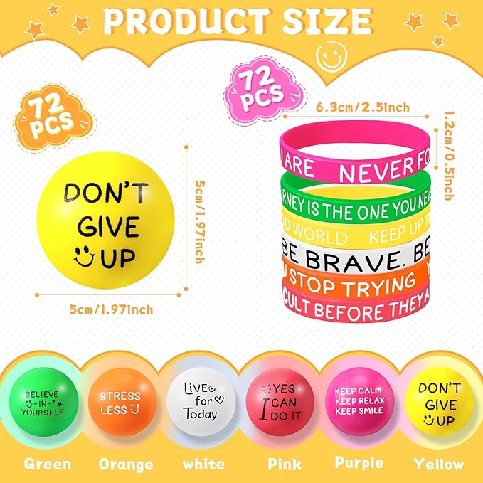 Shappy 144 Pcs Motivational Party Favor Includes 72 Stress Relief Motivational Stress Balls 1.97 Inch Mini Foam Balls 72 Inspirational Silicone Bracelets Quote Silicone Wristbands (Bright Color)