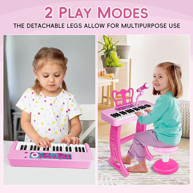 Amy&Benton Birthday Gift for 3 4 5 6 7 Year Old Girls Piano Toy with Stood for Girls 3-5 Pink Music Keyboard Toy 37 Keys with Chair