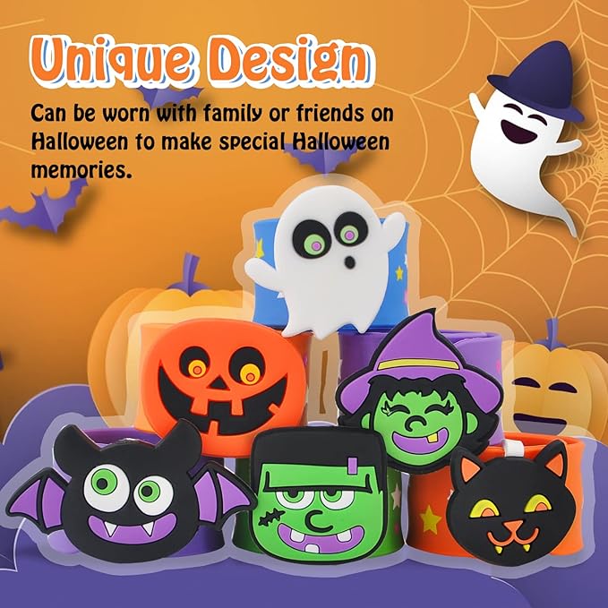 Welkin 6PCS Halloween Slap Bracelets For Kids,Colorful Silicone Bracelet, Soft and Safe Slap Bracelets Party Decorations Favors,Kids halloween Party Gift (Halloween)