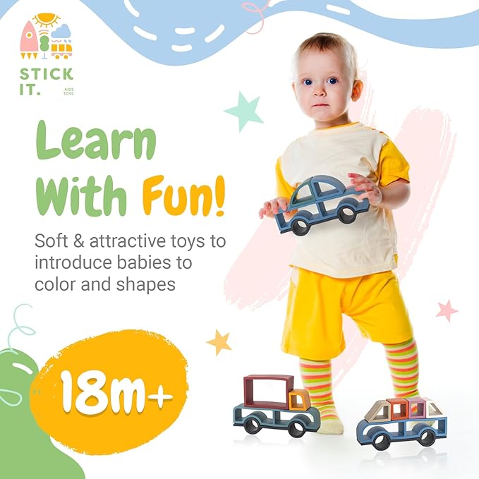 Stick It Montessori Food Grade Silicone Stacking Vehicles, 14 Pcs Toddler Baby Building Blocks Teether Educational Open Ended Shapes STEM Toy, 18+ Months (Set of 3 (Truck, Van, Car))