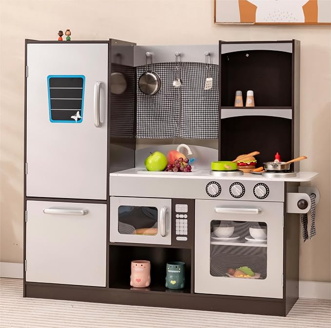 Costzon Kids Kitchen Playset, Wooden Toddler Kitchen Toy Set with Realistic Sound, Microwave, Oven, Refrigerator, Chalkboard & Towel Rack, Pretend Play Kitchen, Gift for Boys Girls (Coffee)