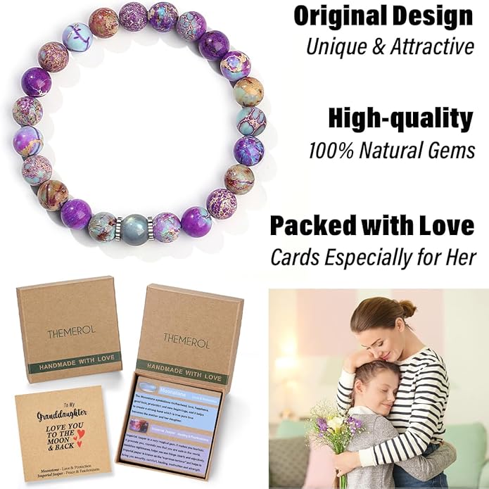 THEMEROL Handmade Gifts for Girls/Women-Love/Protection-Natural Crystal Bracelet for Daughter Granddaughter Niece Sister Mom Aunt Wife